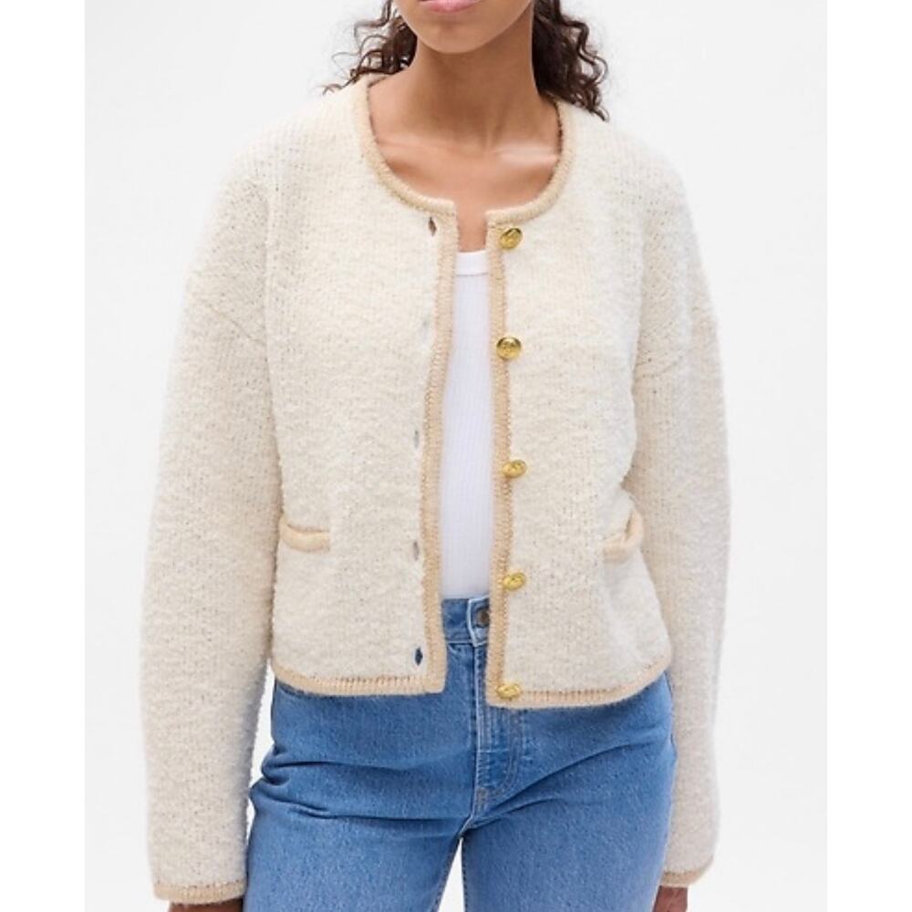 Gap Bouclé Cropped Cardigan Sweater Jacket Cream Gold Button Wool Blend Size S